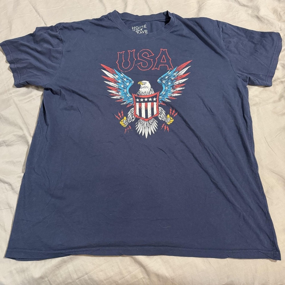 Home Of The Brave Shirt Mens 2XL Blue USA Eagle Flag Graphic Tee Patriotic